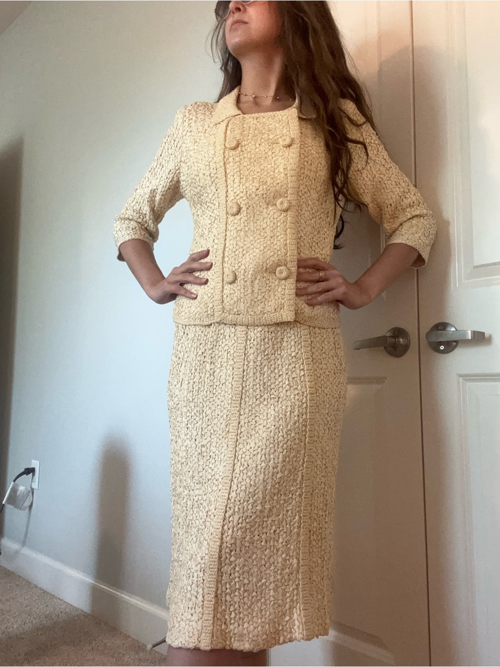 Vintage 60s Hand Crocheted Ribbon Raffia Suit Set Cream Jacket Skirt Italian
